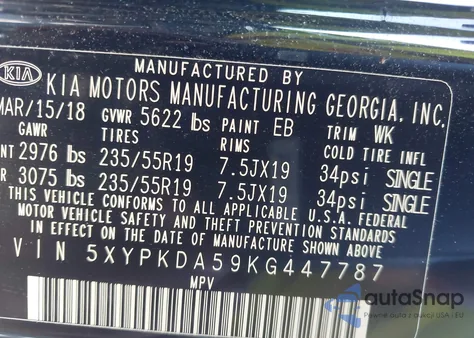 2019 Kia Sorento 3.3L Sxl from USA, damaged, VIN 5XYPKDA59KG447787